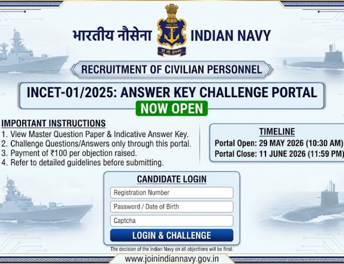 Indian Navy INCET-01/2025 Answer Key Challenge Portal Open